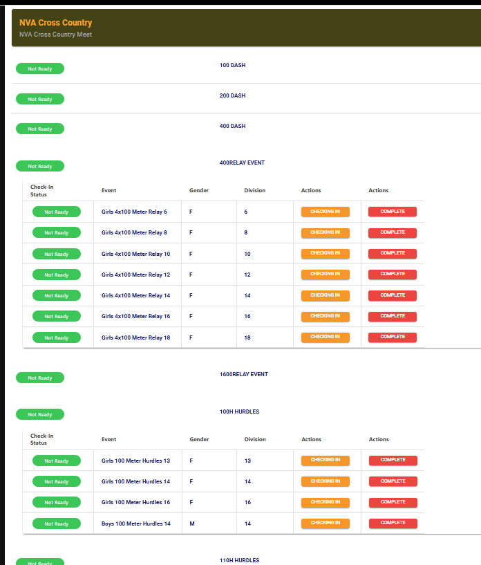 Meet Check-In Scheduler showing event and division check-in status